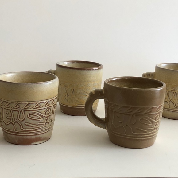 Frankoma 7C Pottery Mayan Aztec Coffee mug Set of 4 - Picture 1 of 2